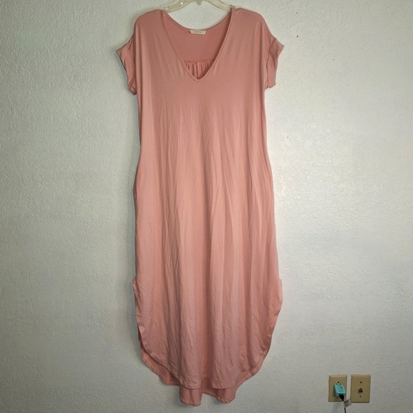 Entro Pink V Neck Short Sleeve Maxi Dress W/Pockets Size Small - Picture 1 of 13